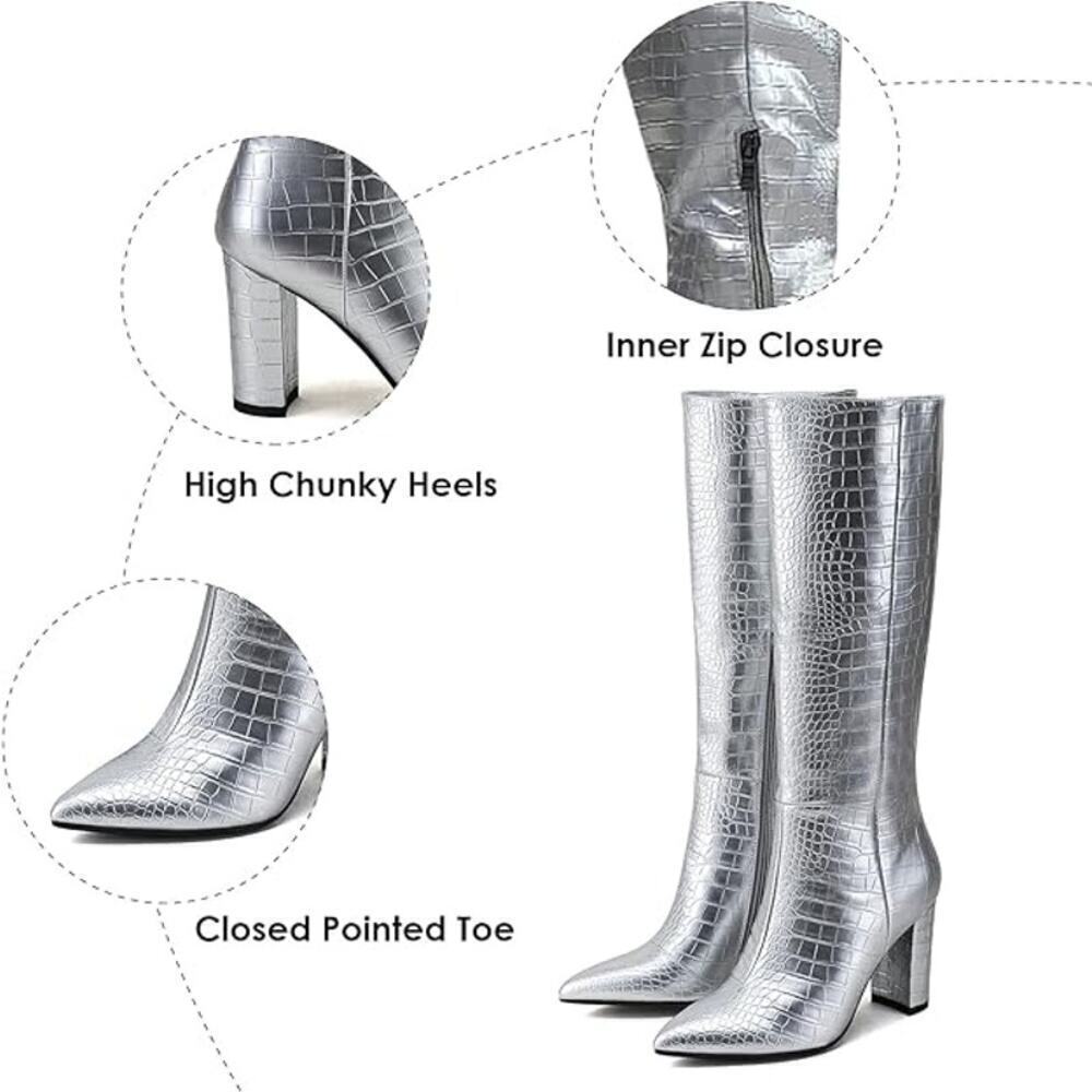 NEW Modatope Knee High Boot Women GoGo Boot Faux Crocodile Boot Heel Pointed Toe - Picture 2 of 6